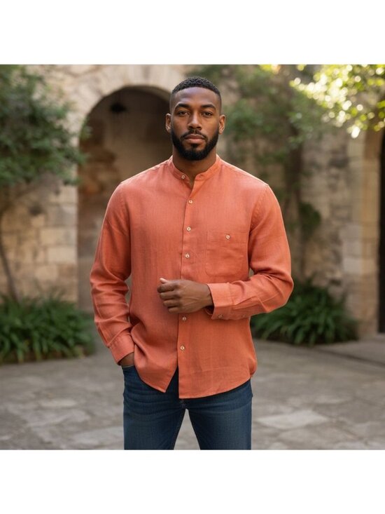 Paul Fredrick Other - Paul Fredrick Mens 16-1/2 Mandarin Collar Long Sleeve Linen Shirt Rust Orange US